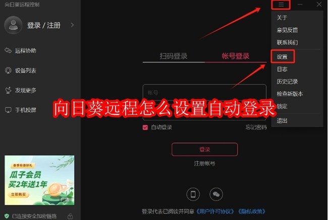 向日葵远程怎么设置自动登录